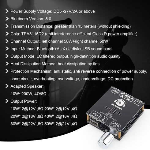 C50HS Bluetooth Amplifier Board TPA3116D2 HiFi Chip 12-24V DC Input, Multiple Input Modes (C50HS ONLY)