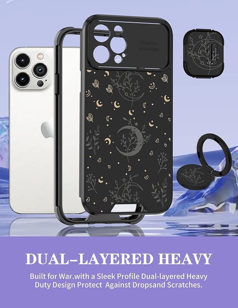 Goocrux iPhone 12 Pro Case, Moon Plants Cute Phone Cover with Slide Camera Cover + Ring Holder, 6.1'', Black