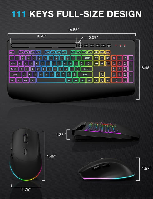 Wireless Keyboard and Mouse Combo - 9 Backlit Effects, Wrist Rest, Phone Holder, Rechargeable Silent Set