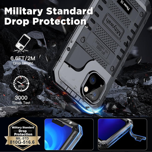 Mitywah Waterproof Case for iPhone 13, Heavy Duty Military Grade Phone Case with Built-in Screen Protector, Black