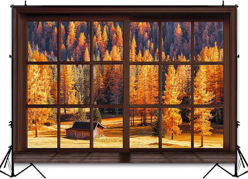 Avezano Fall Window Backdrop - 7x5ft Autumn Forest Scene for Thanksgiving Harvest Party Decorations