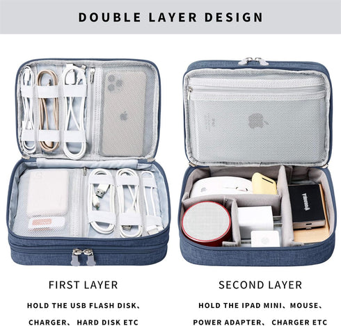 Lanola Travel Cable Organizer Bag, Electronic Accessories Case Portable Double Layer Cable Storage Bag