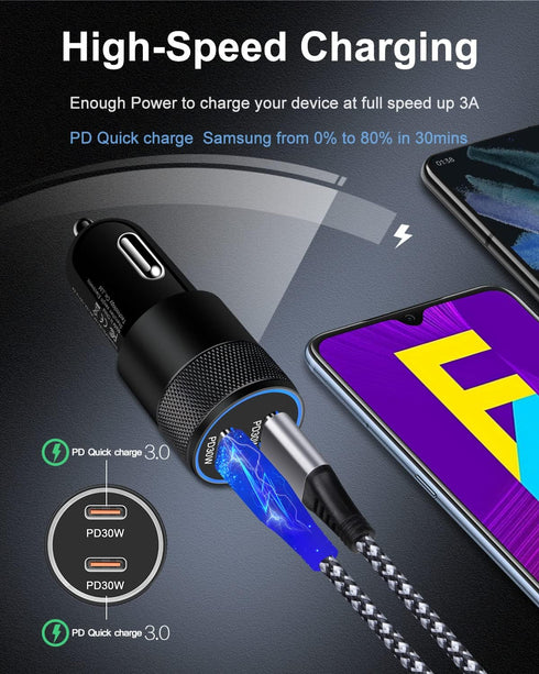 60W USB C Car Charger, 2 Pack AILKIN USB C Cigarette Lighter Adapter Fast Charging Dual Port PD3.0 Type C Car Charger Plug Compatible with iPhone 15 14 13 12 11 Pro Max Galaxy S24/S23/22 Pixel 8 7Pro