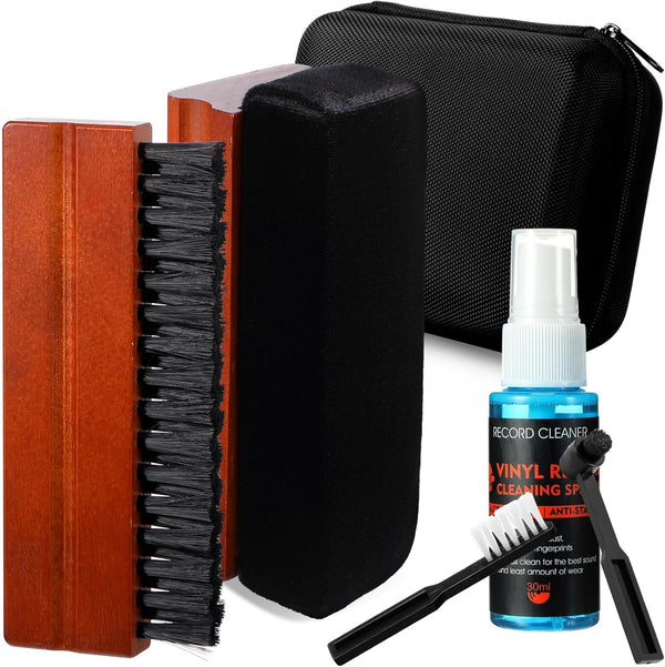 6 Pcs Vinyl Record Cleaning Kit, Includes Velvet Soft Brush, Nylon Brush, Microfiber Brush, Cleaner Fluid (Red Brown)