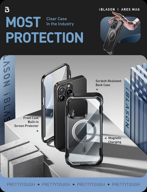 i-Blason Ares Magnetic iPhone 15 Pro Max Case, MagSafe with Built-in Screen Protector, Military-Grade Protection, Clear