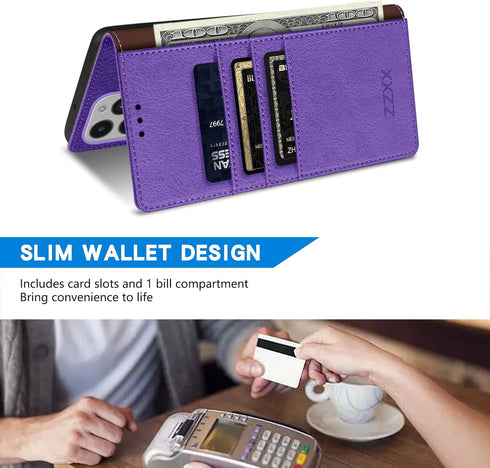 ZZXX for iPhone 14 Pro Wallet Case, RFID Blocking, Card Slot, Kickstand, Magnetic Closure, Purple