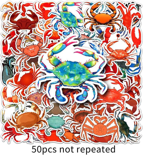 Jukome |50Pcs Crab Stickers Crab Waterproof Vinyl Decals for Water Bottles Laptop Luggage Cup Computer Mobile Phone