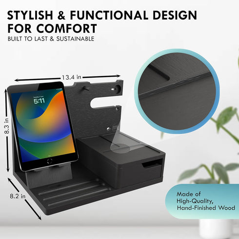 Black Nightstand Organizer for Dad - Best Birthday Gifts for Men to Organize Cellphone, Watch, Sunglasses & Accessories