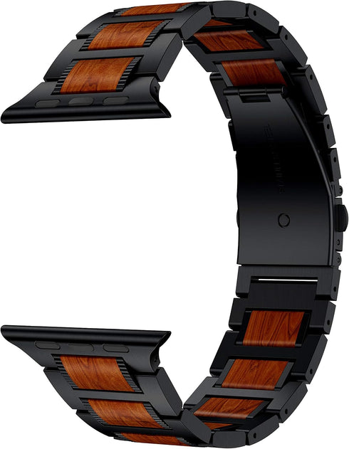 Compatible for Apple Watch Bands, Red Sandalwood Wood Stainless Steel Replacement Strap for 49mm-38mm