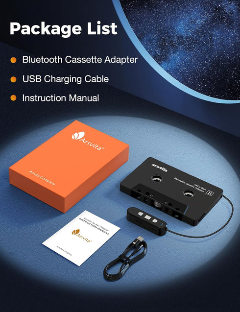 arsvita 5.1 Bluetooth Cassette Adapter, Car Audio Receiver, Hands-Free Call, Supports Micro SD Card, Black, Type BCA02