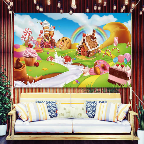 Blulu Large Candy Backdrop Birthday Party Banner, Colorful Polyester Sweet Donut Decoration, 72.8 x 43.3 Inch