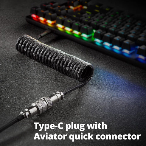 GUNMJO Pro Custom Coiled USB C Cable, 1.5M, Carbon Black, for Gaming Keyboards, Double-Sleeved, Detachable Metal