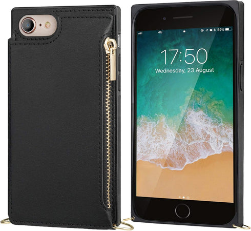 Bocasal Crossbody Wallet Case for iPhone SE 2022/SE 2020/7/8, Zipper Card Slot Protector, Shockproof Purse Cover (Black)