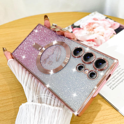 Fiyart Designed for Samsung Galaxy S24 Ultra Case,Compatible with MagSafe Love Heart Plating Camera Protection Clear Phone Case, Magnetic Glitter for Women Girls Shockproof Cover 6.8"-Pink