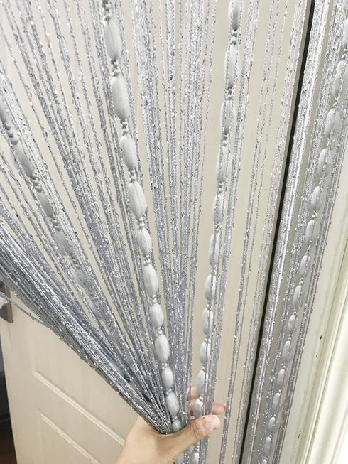 Flat Silver Ribbon Thread Door String Curtain with Shaggy Tassel Room Divider, 39’’x79’’ (Grey-style2)