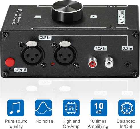 Stereo Audio Preamplifier - Black XLR Balanced RCA 3.5mm Input/Output Converter Adapter, Gain 20dB Phono Preamp