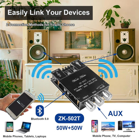 ZK-502T 50W+50W Stereo Audio Amplifier Board, DC 9-24V BT and AUX Inputs, BT 5.0 AMP Board for DIY Wireless Speakers