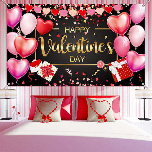 Sumind Happy Valentine‘s Day Banner 73''x43'' Heart Photography Backdrop for Valentines Day Party Decorations
