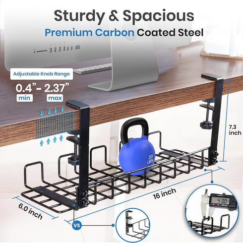 Under Desk Cable Management Tray - 16” No Drill Cord Organizer with Clamps for Wire Management, Pack of 1