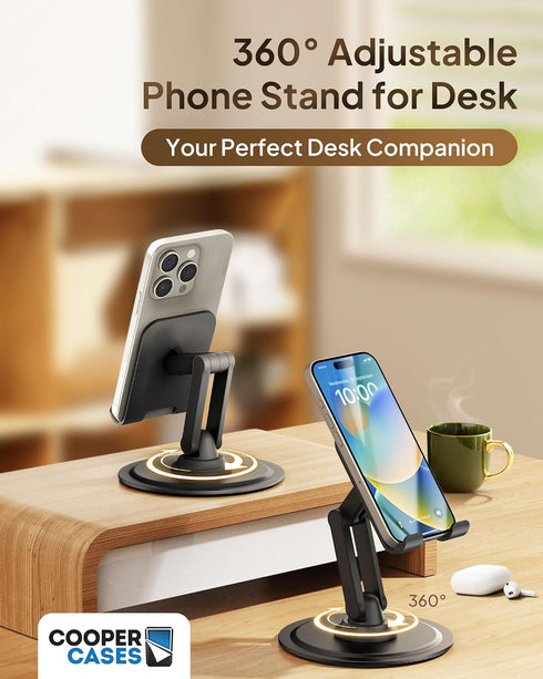 Cooper 360° Stand - Adjustable Cell Phone Stand for Desk | 360° Click-Rotating, Multi-Angle, Non-Slip Metal Base, Foldable & Portable | iPhone Stand for Desk, Cell Phone Stand Holder (Piano Black)