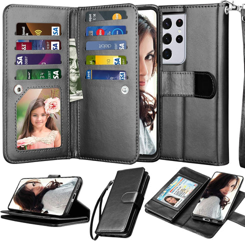 Njjex Wallet Case for Galaxy S21 5G - Black, 9 Card Slots, PU Leather, Detachable Kickstand, Magnetic Cover & Lanyard
