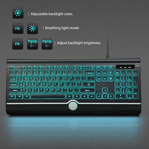 HeengYanson 7-Color Wired Keyboard and Mouse Combo, Backlit Computer Keyboards with Wrist Rest, Light Up Keyboard Easy