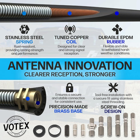 Votex 8" A194 Universal Short Rubber Black Antenna Kit - Flexible, Durable, Enhanced Signal Reception, Copper Coil