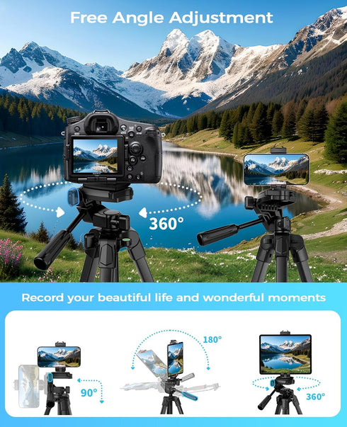 67" Tripod for iPhone, MACTREM iPad Tripod Stand with 2 in 1 Phone Holder & Wireless Remote for Video Recording,