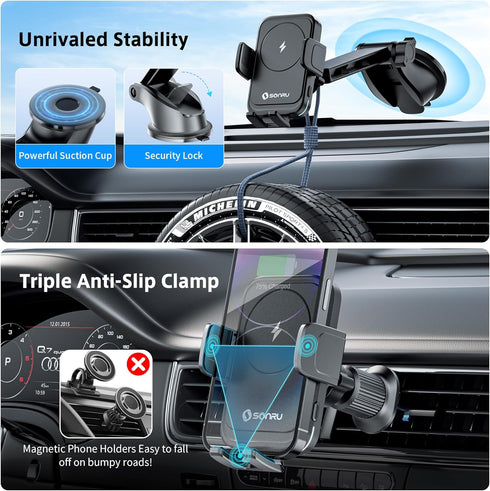 SONRU 15W 16/15/14/13/12/11, S25/24 Car Phone Holder Wireless Charger, Qi Wireless Car Charger Fast Charging Auto