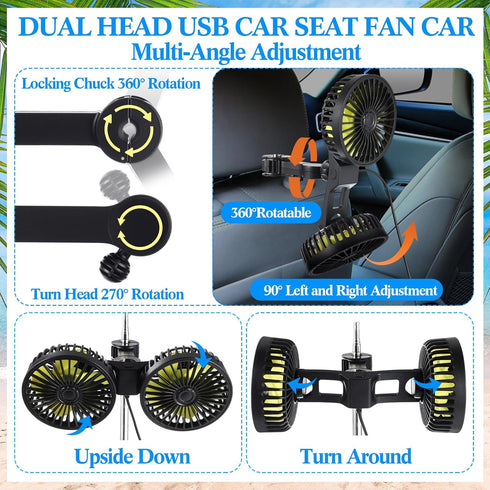Tujoe 2 12v 360 Pcs Dual Car Seat Fans for Portable USB Backseat Cooling Headrest Degree Rotatable Fan Powerful