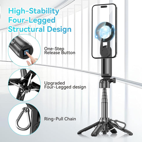 Fourpillars 3-in-1 MagSafe Phone Tripod, Portable Pocket Size Selfie Stick, Magnetic Phone Stand for iPhone & Android