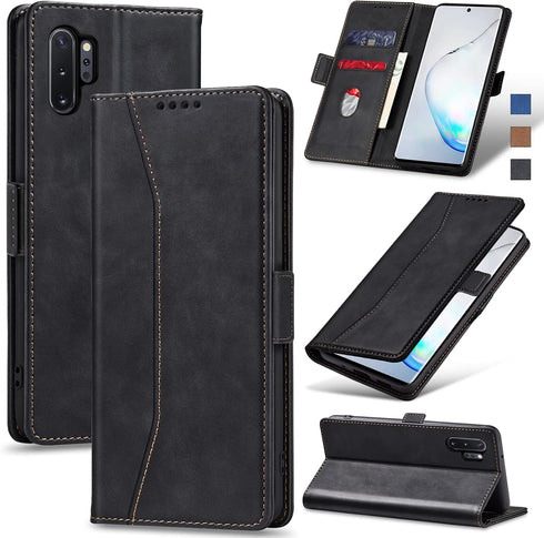Flip Wallet Case for Samsung Galaxy Note 10 Plus, Leather Magnetic Folio Cover with Card Holder, Kickstand - TPU