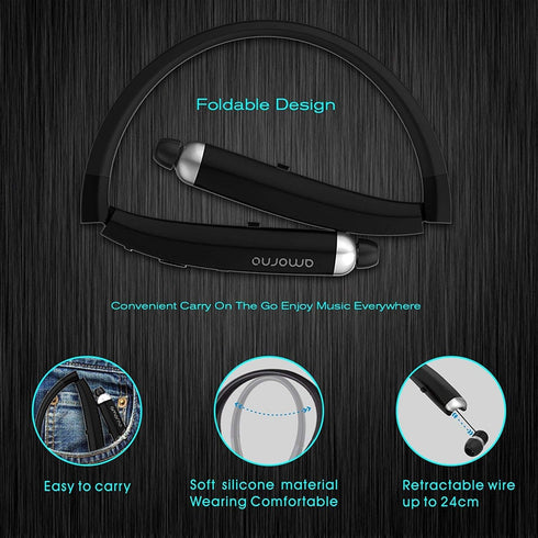 AMORNO Foldable Bluetooth Headphones, Wireless Neckband Sports Headset with Retractable Earbuds, Noise Cancelling, Black