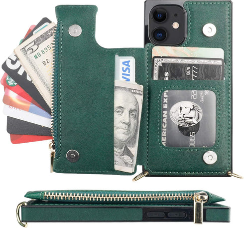 Bocasal Crossbody Wallet Case for iPhone 12/12 Pro, Zipper Card Slot Protector, Shockproof Purse Cover with Removable