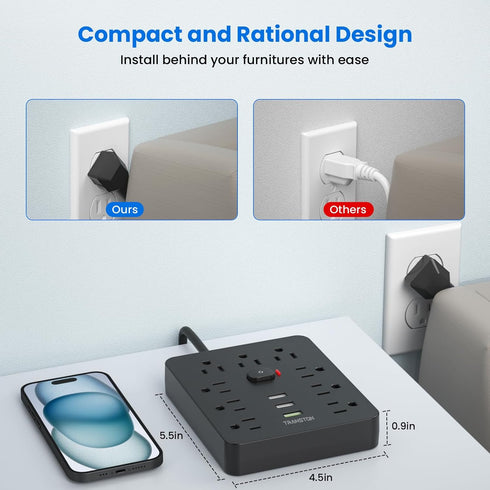 Power Strip Surge Protector with 9 Outlets, 3 USB Ports, Fireproof Desktop Charging Station, 5 ft Long Extension Cords,