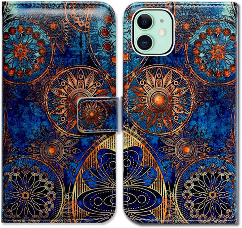 iPhone 11 Flip Case - Gorgeous Colours Circle Mandala Leather Wallet Cover with Card Slot Holder, Kickstand