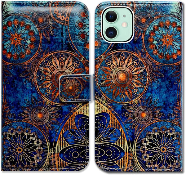 iPhone 11 Flip Case - Gorgeous Colours Circle Mandala Leather Wallet Cover with Card Slot Holder, Kickstand