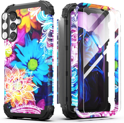 IDweel Galaxy A15 5G Case - Daisy, 3-in-1 Shockproof Protection, Tempered Glass Screen & Camera Lens Protectors.