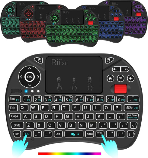 Rii X8 Mini Keyboard, 2.4GHz Portable Wireless Keyboard with Touchpad Mouse, RGB Backlit, Rechargeable for Android TV