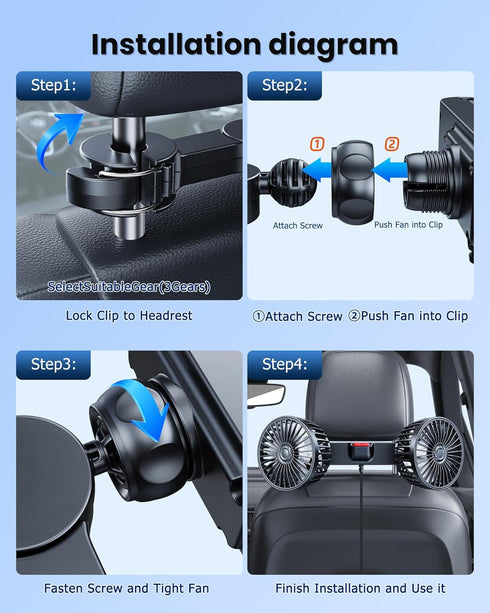 Yatessence 360 12V/24V Dual-Head Rear Seat Car Fan, Powerful Airflow, Rotation, Blows Both Left & Right, Adjustable