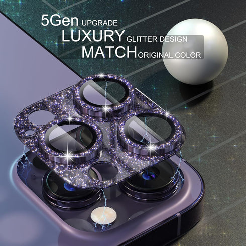 Bling Camera Lens Protector for iPhone 14 Pro/Pro Max - 9H Tempered Glass with Metal Ring, Glitter-Purple.