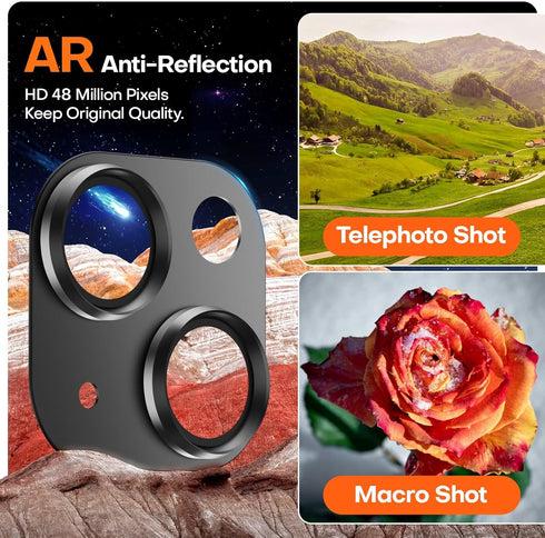 2 Pack Camera Lens Protector for iPhone 15/iPhone 15 Plus/iPhone 14, Aluminum Alloy Tempered Glass, Black Titanium