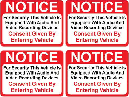 Notice Vehicle is Equipped with Audio and Video Recording Devices Sticker, 4 Pack, Indoor & Outdoor Use