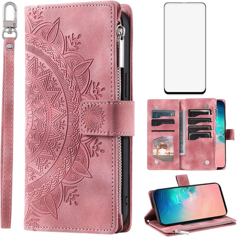 Asuwish Wallet Case for Samsung Galaxy S10e - Mandala Flower, Zipper Slot, Tempered Glass Protector, Rose Gold.