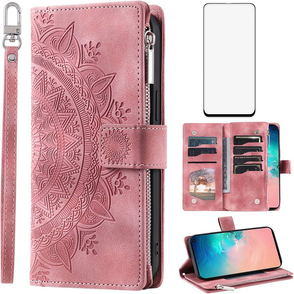 Asuwish Wallet Case for Samsung Galaxy S10e - Mandala Flower, Zipper Slot, Tempered Glass Protector, Rose Gold.