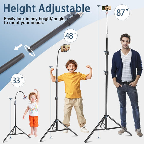 UEGOGO 86" Phone Tripod Stand, Tall Tripod with Flexible Gooseneck & Bluetooth Remote, Adjustable Phone Holder