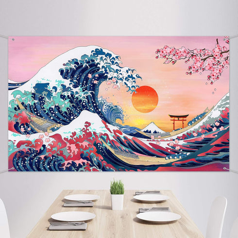 Ocean Wave Tapestry - Japanese Kanagawa Great Wave Cherry Blossom Nature Sunset Background Wall Hanging, 72.8 x 43.3