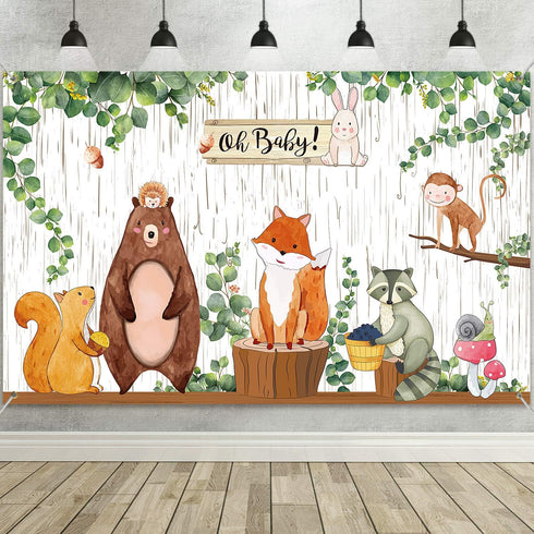 Woodland Baby Shower Backdrop, 3.6 x 6 ft Jungle Animals Birthday Party Decorations for Safari Baby Shower