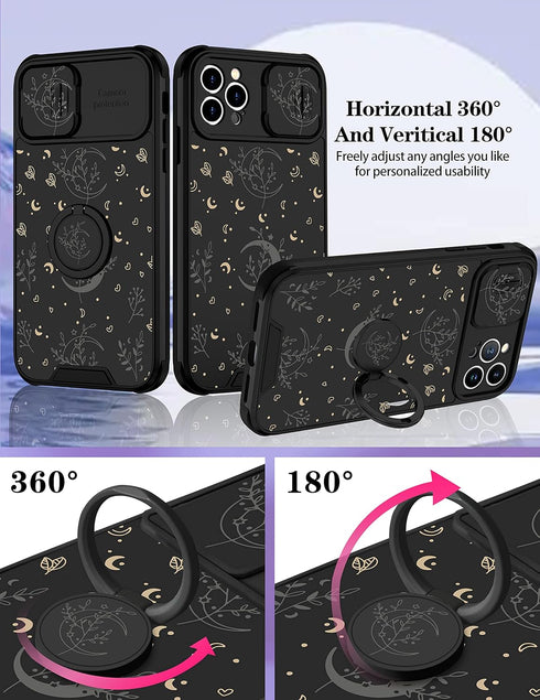 Goocrux iPhone 12 Pro Case, Moon Plants Cute Phone Cover with Slide Camera Cover + Ring Holder, 6.1'', Black