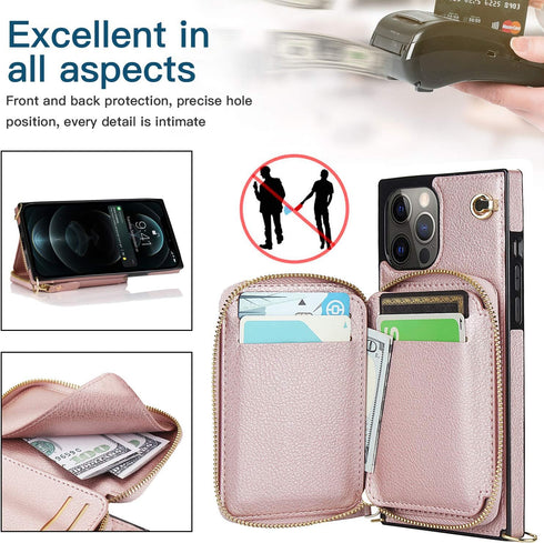 Asuwish iPhone 12 Pro Max Wallet Case: Leather Flip Cover with Zipper Card Holder, Screen Protector, Stand - Rose Gold.